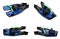 Set of blue swim fins, mask and snorkel for diving on white back