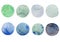 Set of blue and Teal watercolor dots. Hand painted Spots on a white background. Round, circle. Isolated. Blobs of