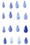Set of blue tear-shepad raindrops, hand drawn watercolor illustration