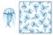 Set - blue translucent jellyfish on a white background and seamless pattern. Watercolor illustration. Abstract marine print.