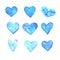 Set of blue watercolor hearts. Perfect for creating romantic postcards, backgrounds and Valentines Day decor. Hand drawn