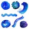 Set of blue watercolor stains and wavy brush strokes isolated.