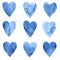 Set of blue watercolour hearts.