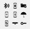 Set Bluetooth connected, Smartphone battery charge, Download arrow with folder, shield, Diploma rolled scroll and Key