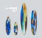 Set of blurred prints on surfboards