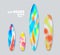 Set of blurred tie dye prints on surfboards