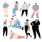 Set of body positive funny different overweight people in casual clothes. Vector illustration in flat cartoon style.