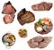 Set of boiled and baked pieces of beef isolated