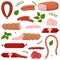 Set of boiled and smoked sausage products, frankfurter, whole sausage, half, sliced,boiled pork,string of sausages