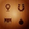 Set Bomb ready to explode, Hexagram sheriff, Wild west covered wagon and Horseshoe on wooden background. Vector