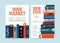 Set of book market and fair posters with place for text vector flat illustration. Announcement template of commerce