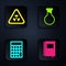 Set Book, Triangle with radiation, Calculator and Test tube and flask. Black square button. Vector