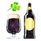 Set with bottle, glass of dark beer and the clover, watercolor illustration in hand-drawn style for St. Patrick`s Day