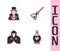 Set Bottle with love potion, Magician, Mantle, cloak, cape and Witches broom icon. Vector