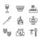 Set Bottle of olive oil, Ancient ruins, Gallows, amphorae, Comedy and tragedy masks, Medieval spear, Greek trireme and
