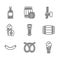 Set Bottle opener, Pretzel, Glass of beer, Wooden barrel, Sausage, Beer tap and bottle icon. Vector