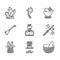 Set Bottle with potion, Magician, Witch cauldron, wand, hat rabbit ears, Witches broom, ball and stone icon. Vector