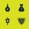 Set Bottle with potion, Shield, Pirate flag and Old money bag icon. Vector