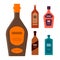 Set bottles of cognac balsam cream brandy shnapps. Icon bottle with cap and label. Graphic design for any purposes. Flat style.