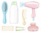 Set of bottles for cosmetics, combs, hair dryer, curlers and hairpin