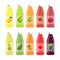 Set of bottles of fruit and vegetable juice on a white background.