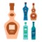 Set bottles of liquor vodka cream schnapps balsam. Icon bottle with cap and label. Graphic design for any purposes. Flat style.