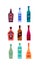 Set bottles of liquor vodka gin rum whiskey wine vermouth schnapps champagne tequila. Icon bottle with cap and label. Graphic