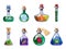 Set of bottles magic potion. Game icons liquid elixir colorful with eyes, heart, bone, blood, frog, finger, fire, clover