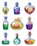 Set of bottles magic potion. Game icons liquid elixir colorful with scull, crystal, bone, blood, frog, flower, mushroom