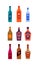 Set bottles of shnapps rum vodka balsam cream tequila wine brandy whiskey. Icon bottle with cap and label. Graphic design for any