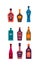 Set bottles of tequila rum gin schnapps liquor whiskey wine cream rum. Icon bottle with cap and label. Graphic design for any
