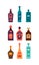 Set bottles of tequila vodka gin cream liquor rum brandy wine schnapps. Icon bottle with cap and label. Graphic design for any