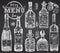 Set bottles Whiskey, rum, champangne, wine, tequila on black chalk board background Vintage hand drawn sketch design bar