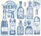 Set bottles Whiskey, rum, champangne, wine, tequila Vintage hand drawn sketch design bar, restaurant, cafe menu