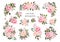 Set of bouquets pale pink and peachy flower roses with green leaves
