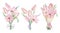 Set of bouquets with pink tulip flowers. Spring florar bouquet with bow. Hand drawn watercolor illustration for easter