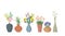 A set of bouquets of spring flowers in clay vases.Vector illustration