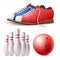 Set of bowling skittles, ball and shoes realistic vector illustration isolated.