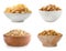 Set with bowls of breakfast cereals