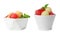 Set of bowls with melon and watermelon balls on white