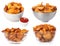 Set of bowls with sweet potato chips on background