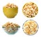 Set with bowls of tasty popcorn on white background