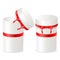 Set of box opening. Closed and open gift box with red satin ribbons and bow. White round containers isolated on white