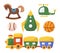 Set Of Boy Toys Including Wooden Horse, Helicopter, Balls and Rocket with Train. Childrens Playtime Or Advertisements