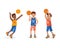 Set of boys basketball player with ball. A small child playing basketball. Colorful cartoon illustration in flat . Children