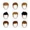 Set of boys faces, human heads. Different vector characters like redhead and brunet.