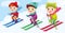 Set Boys skiing. Winter sports at kids holidays. children skiers enjoying snow landscape. Vector illustration