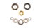 Set of brass multicoloured metal eyelets or rivets - curtains rings for fastening fabric to the cornice, isolated on