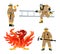 A set of brave firefighters in uniform.  Angry red rooster, a symbol of disaster.