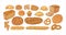 Set of breads and baked products of various types, shapes and sizes isolated on white background - loaf, bun, croissant